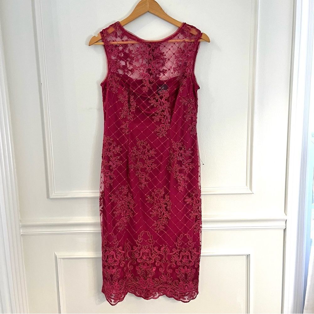 Adrianna Papell Sequin Embroidered Sheath Dress With Sheer Neckline, Pink, 4 NWT - Picture 8 of 14